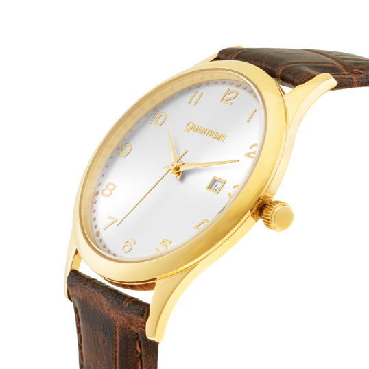 Montre homme, boîte acier doré, bracelet cuir et verre minéral