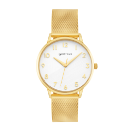 Montre femme, boite et bracelet acier doré et verre minéral