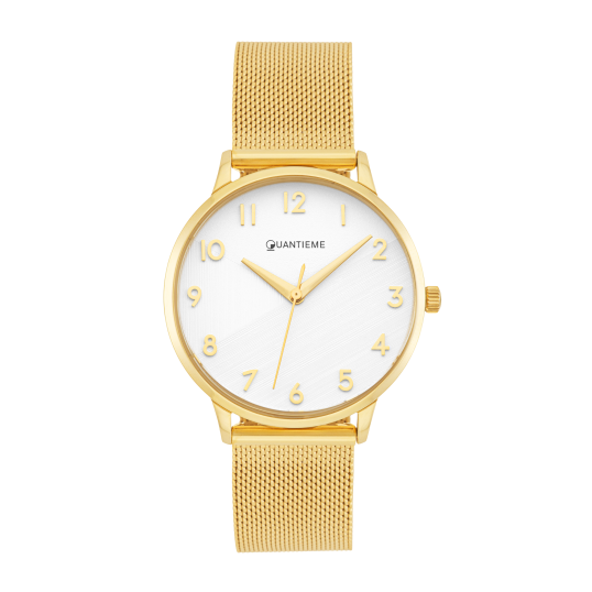 Montre femme, boite et bracelet acier doré et verre minéral