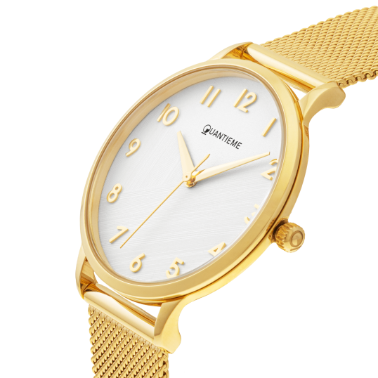 Montre femme, boite et bracelet acier doré et verre minéral