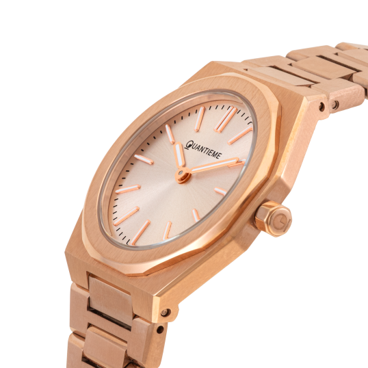 Montre femme, boîte et bracelet en acier rose, verre minéral