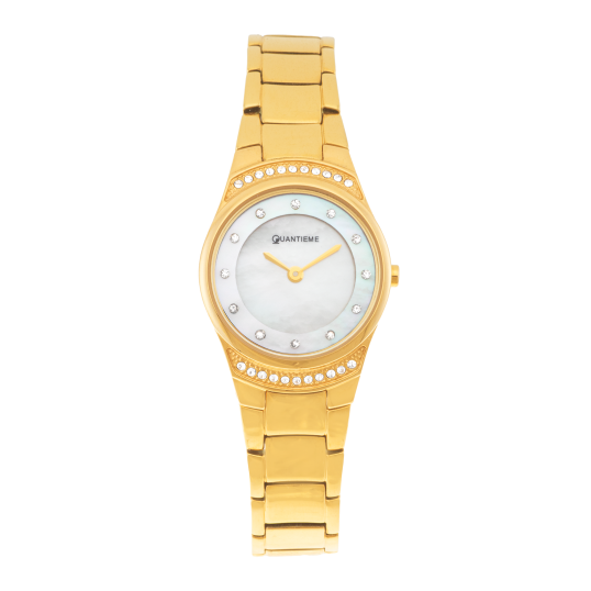 Montre dame, boîte et bracelet acier doré, cristaux de synthèse et verre minéral