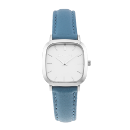 Montre femme, boite acier,bracelet cuir bleu et verre minèral