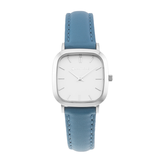 Montre femme, boite acier,bracelet cuir bleu et verre minèral