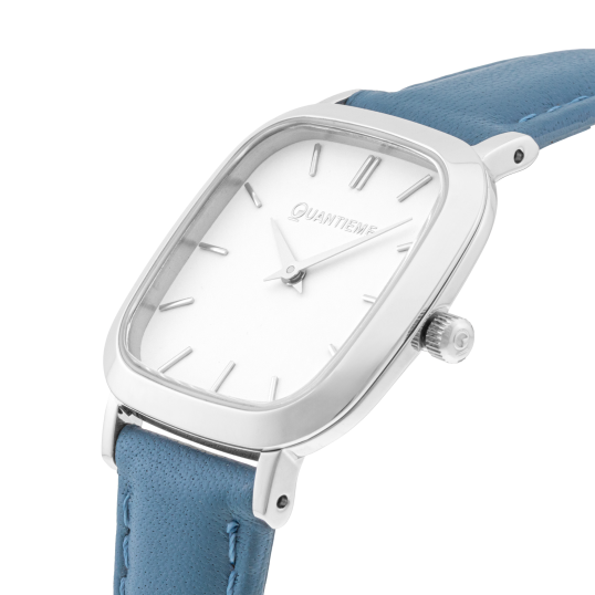 Montre femme, boite acier,bracelet cuir bleu et verre minèral