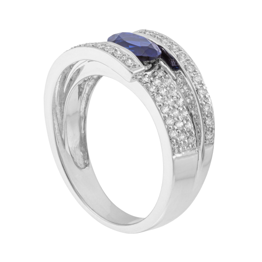 Bague en or gris, saphir et diamants