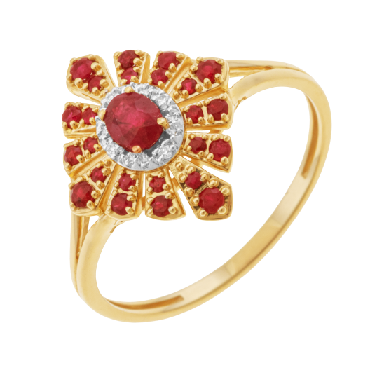 Bague en or jaune et rhodié, rubis et diamants, losange