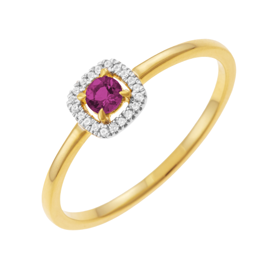 Bague en or jaune et rhodié, rhodolite et diamants, carrée