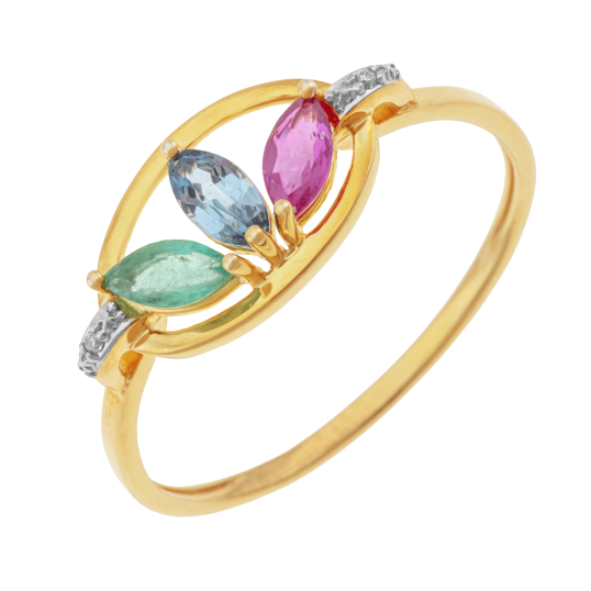 Bague en or jaune et rhodié, saphir, rubis, émeraude et diamants