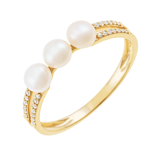 Bague en or jaune,trois perles de culture et oxydes de zirconium Bague en or jaune,trois perles de culture et oxydes de zirconium