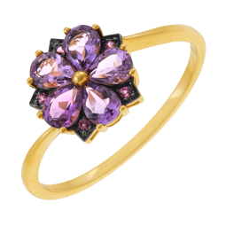 Bague en or jaune et rhodié, améthystes et rhodolites, fleur Bague en or jaune et rhodié, améthystes et rhodolites, fleur