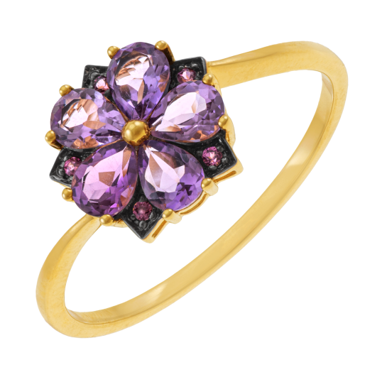 Bague en or jaune et rhodié, améthystes et rhodolites, fleur