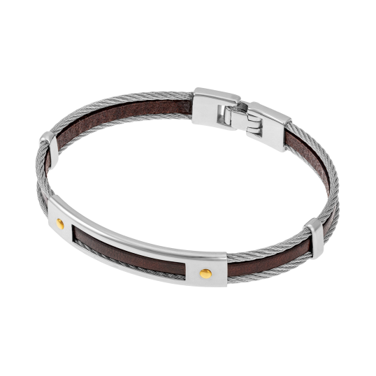 Bracelet jonc en or jaune, acier et cuir marron