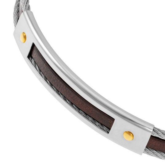 Bracelet jonc en or jaune, acier et cuir marron