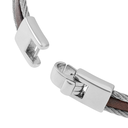 Bracelet jonc en or jaune, acier et cuir marron