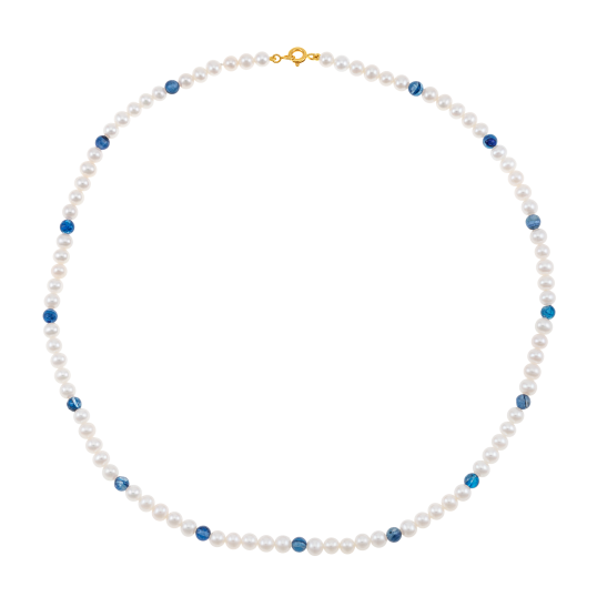 Collier en or jaune, perles de culture et pierres synthétiques bleus
