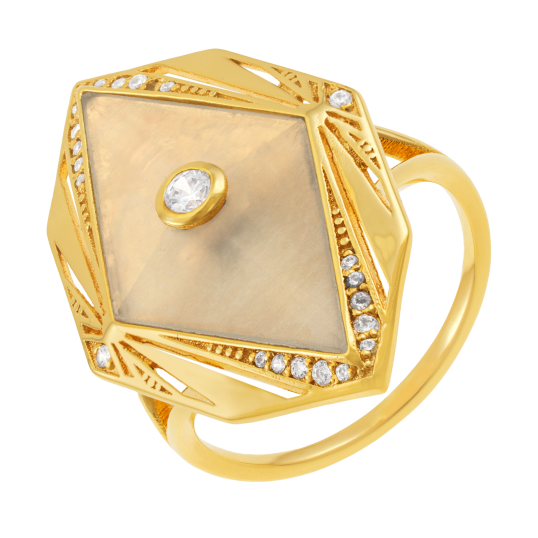 Bague en plaqué or, pierre de lune et oxydes de zirconium