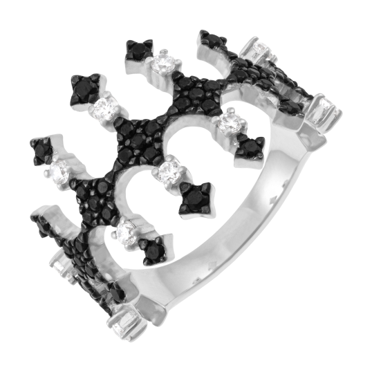 Bague en argent rhodié et rhodié noir, oxydes de zirconium noirs et blancs