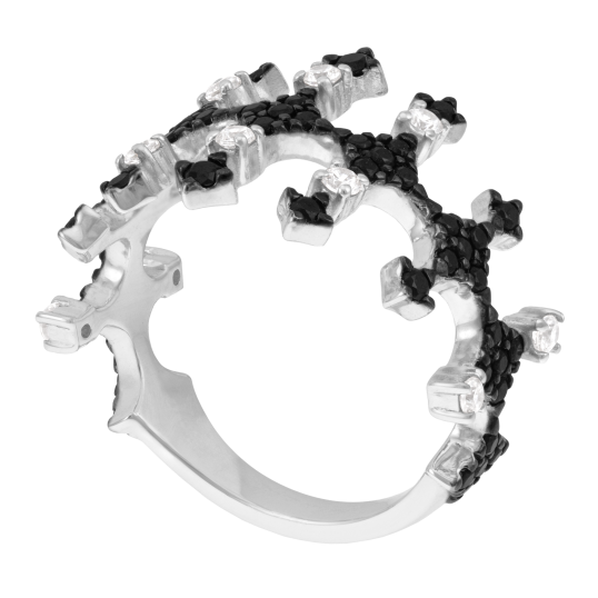 Bague en argent rhodié et rhodié noir, oxydes de zirconium noirs et blancs