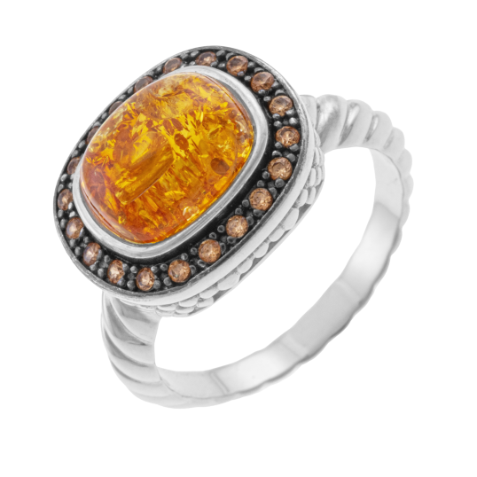 Bague en argent rhodié et rhodié noir, ambre et oxydes de zirconium