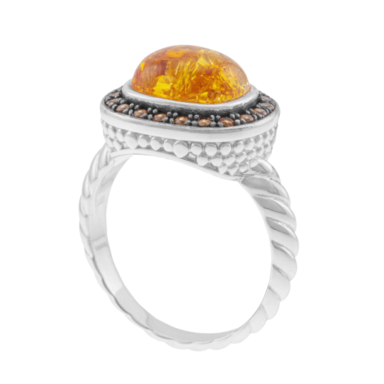 Bague en argent rhodié et rhodié noir, ambre et oxydes de zirconium