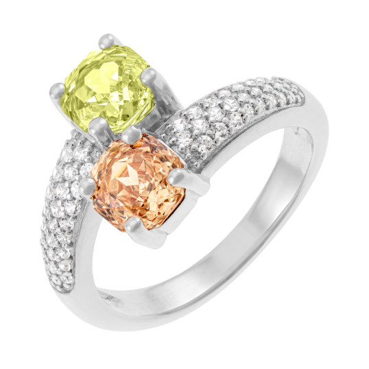 Bague en argent rhodié et oxydes de zirconium vert et champagne