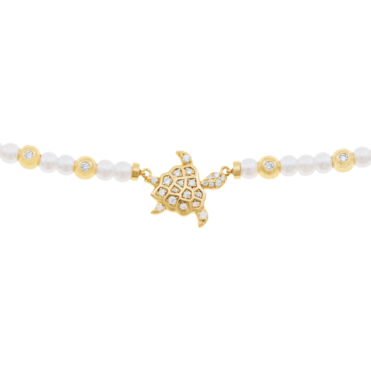 Collier en argent doré, perles synthétiques et oxydes de zirconium, tortue