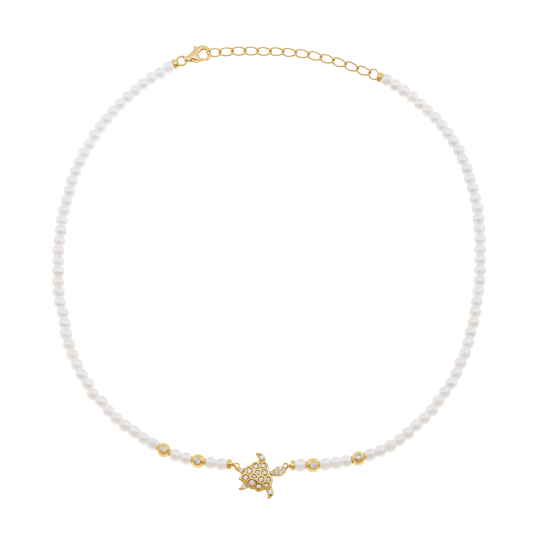 Collier en argent doré, perles synthétiques et oxydes de zirconium, tortue