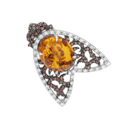 Broche en argent rhodié et rhodié noir, ambre et oxydes de zirconium Broche en argent rhodié et rhodié noir, ambre et oxydes de zirconium