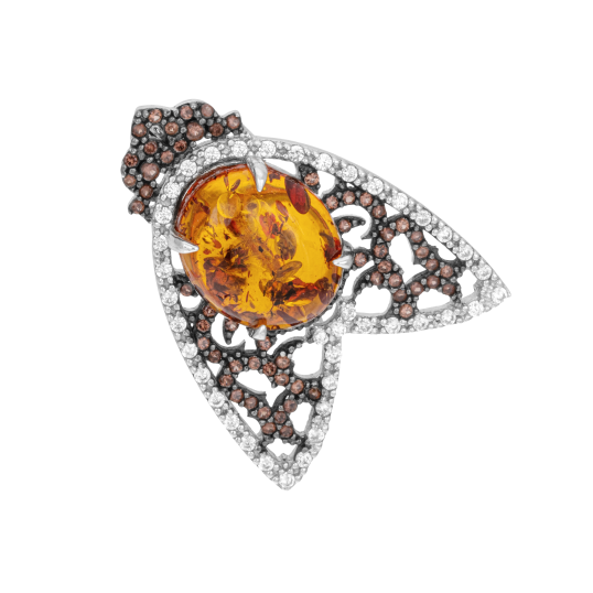 Broche en argent rhodié et rhodié noir, ambre et oxydes de zirconium