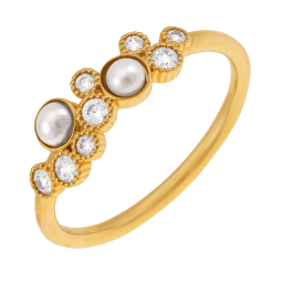 Bague en laiton doré, oxydes de zirconium et perles synthétiques, bulles