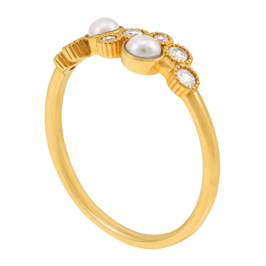 Bague en laiton doré, oxydes de zirconium et perles synthétiques, bulles