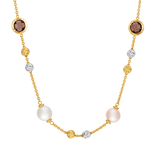 Collier en or jaune et rhodié, cristaux de synthèse marrons et perles de culture 