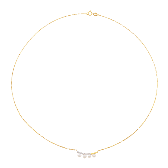 Collier en or jaune et rhodié, quatre perles de culture et oxydes de zirconium