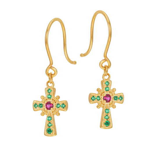 Boucles d'oreilles en or jaune et oxydes de zirconium, croix