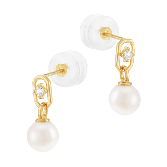 Boucles en or jaune, oxyde de zirconium et perle de culture