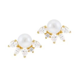 Boucles d'oreilles en or jaune, perle de culture et oxydes de zirconium 