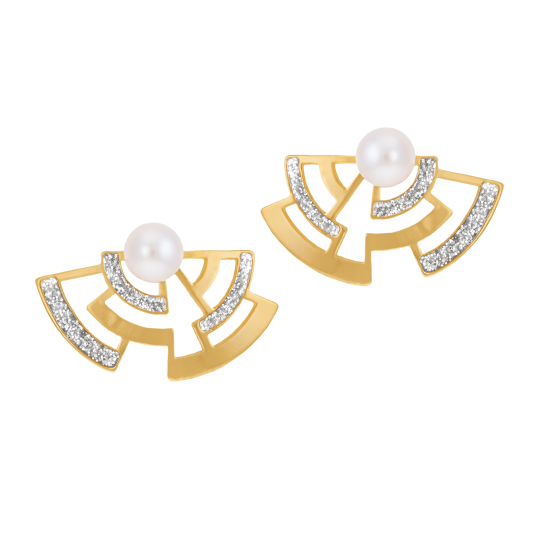 Boucles d'oreilles en or jaune, laque pailletée et perle de culture