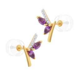 Boucles d'oreilles en or jaune et rhodié, deux améthystes et oxydes de zirconium