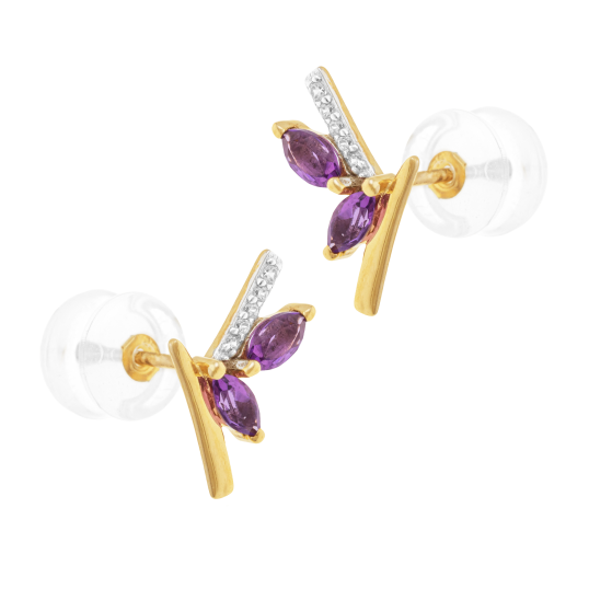 Boucles d'oreilles en or jaune et rhodié, deux améthystes et oxydes de zirconium