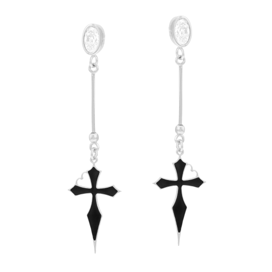 Boucles d'oreilles en argent rhodié, oxyde de zirconium et laque, croix