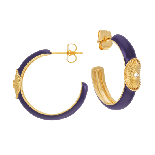 Boucles d'oreilles en laiton doré, oxyde de zirconium et laque violette