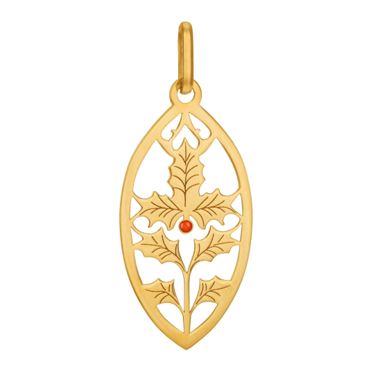 Pendentif en or jaune et laque rouge, houx