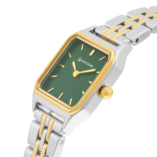 Montre femme, boîte et bracelet acier et acier doré, verre minéral