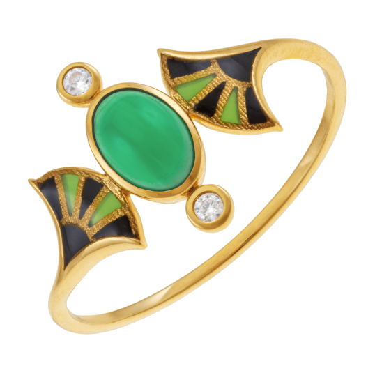 Bague en or jaune, verre, oxydes de zirconium et laque 