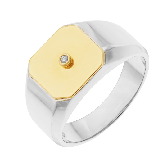 Bague en or jaune et argent rhodié, diamant, chevalière