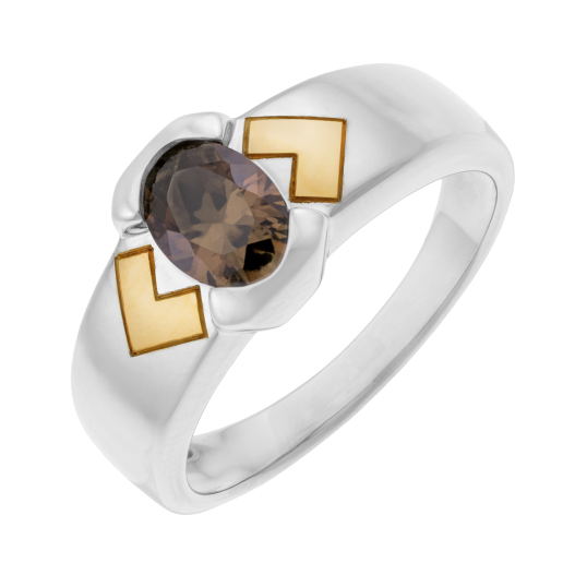Bague en or jaune et argent rhodié, quartz fumé