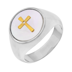 Bague en or jaune et argent rhodié, nacre et diamant, croix