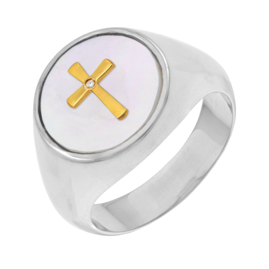 Bague en or jaune et argent rhodié, nacre et diamant, croix