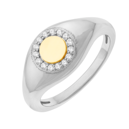 Bague en or jaune et argent rhodié, oxydes de zirconium, rond